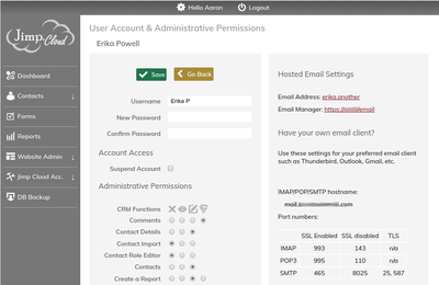 Screenshot of Jimp Cloud CRM and CMS Dashboard